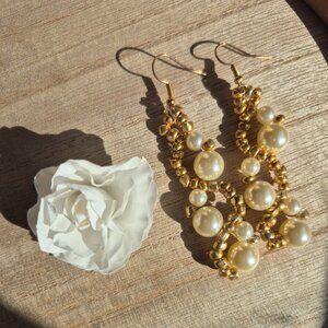 handmade long gold faux pearl earrings